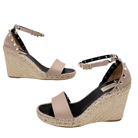 Valentino Rockstud Espadrille Wedge Sandals Nude Poudre Leather Size 40 US 10 - Picture 14 of 16